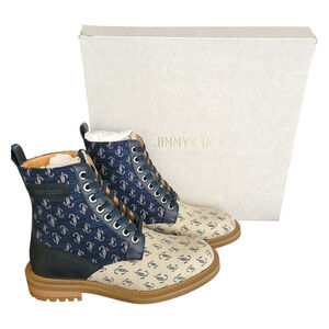 Jimmy Choo Men’s Turing Monogram Combat Boots Logo Blue Tan Lace Up 7.5